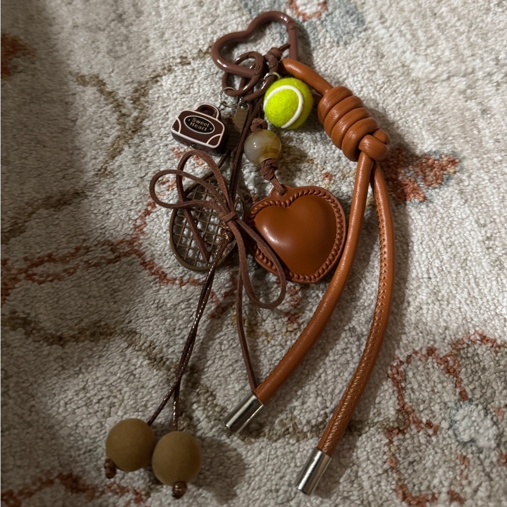 Brown Heart Key Chain Bag Charm, Faux Leather Tassel Beaded, Detachable - Picture 2 of 2